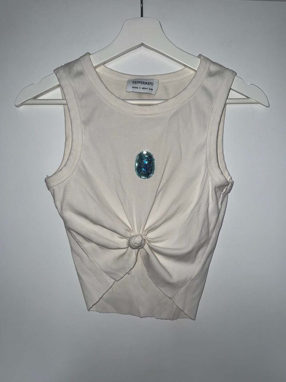 Peppermayo White Ribbed Sequin Embellished Tie Front Crop Tank Top Size S